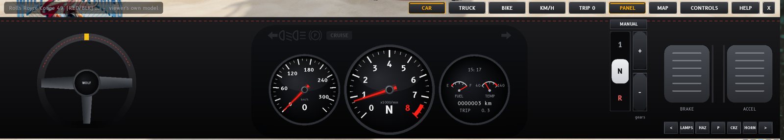 Close-up of the car dashboard. Top row, right: CAR (lit), TRUCK, BIKE, KM/H, TRIP 0, PANEL (lit), MAP, CONTROLS, HELP and X. Below: a three-spoke steering wheel marked WOLF, the indicator, lamp, parking and CRUISE warning lights, a speedometer to 300 km/h, a rev counter to 8 with N in its centre, a dial with the clock, fuel and temperature gauges and the odometer, the MANUAL gear lever at N with plus and minus buttons, BRAKE and ACCEL pedals, and the lamp buttons: left arrow, LAMPS, HAZ, P, CRZ, HORN and right arrow.